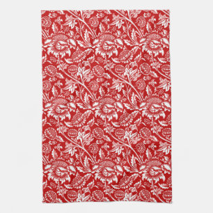 William Morris Sunflowers,  Deep Red and White Tea Towel