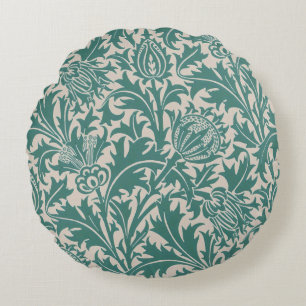 William Morris Teal Blue Thistle Vintage Wallpaper Round Cushion