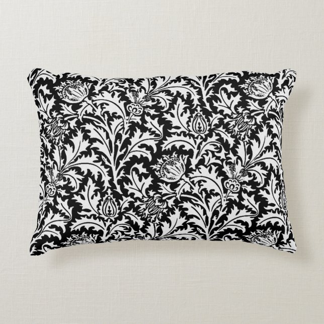 William Morris Thistle Damask, Black and White Decorative Cushion (Front)