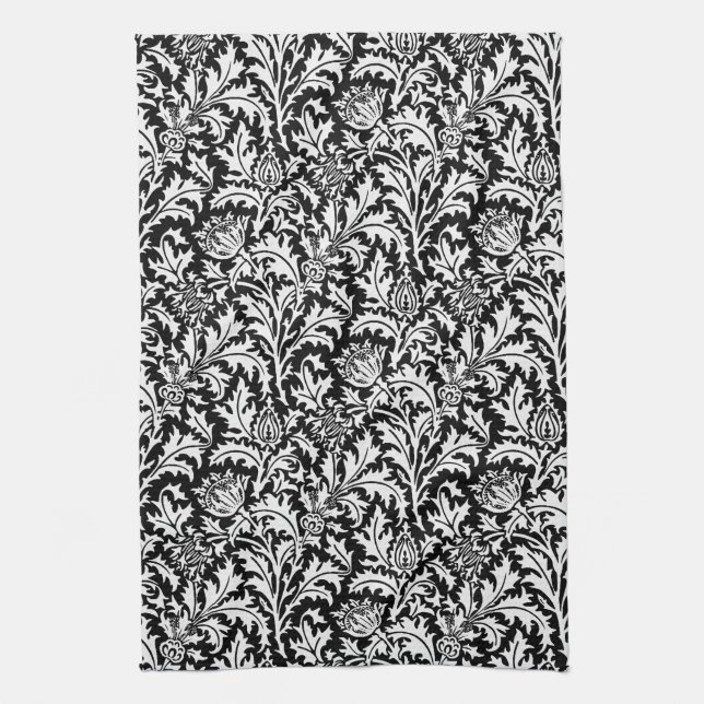 William Morris Thistle Damask, Black and White Tea Towel (Vertical)