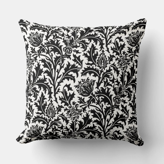 William Morris Thistle Damask, Black on White   Cushion (Front)