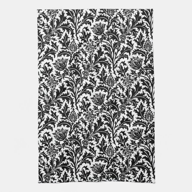 William Morris Thistle Damask, Black on White   Tea Towel (Vertical)