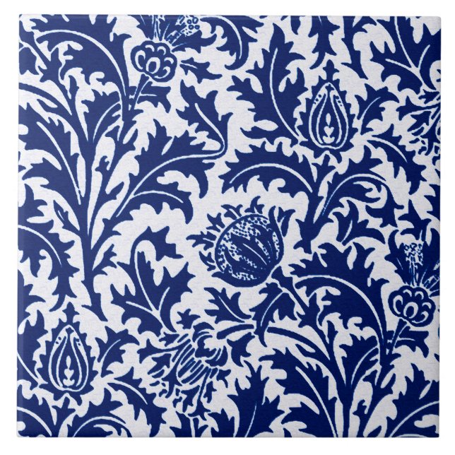 William Morris Thistle Damask, Cobalt Blue & White Ceramic Tile (Front)