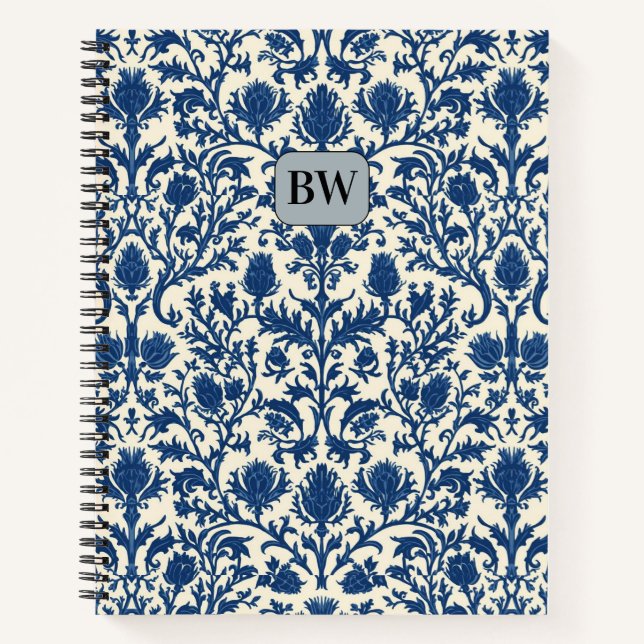 William Morris Thistle damask Cobalt Blue & White Notebook (Front)