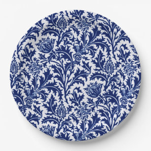 William Morris Thistle Damask, Cobalt Blue & White Paper Plate