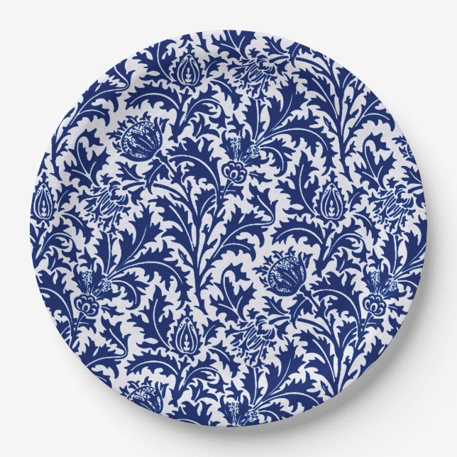 William Morris Thistle Damask, Cobalt Blue & White Paper Plate (Front)