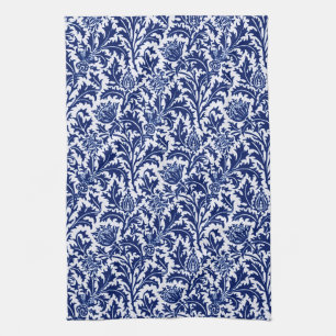 William Morris Thistle Damask, Cobalt Blue & White Tea Towel