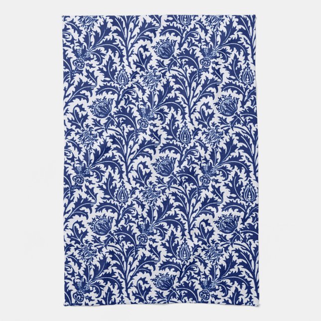 William Morris Thistle Damask, Cobalt Blue & White Tea Towel (Vertical)