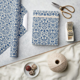 William Morris Thistle damask Cobalt Blue & White Wrapping Paper