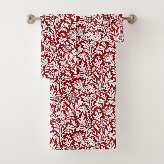 William Morris Thistle Damask, Dark Red & White Bath Towel Set (Insitu)