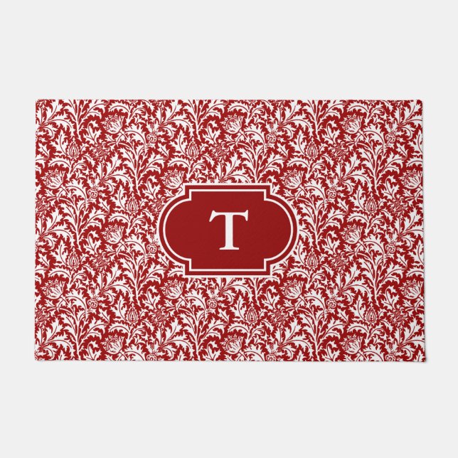 William Morris Thistle Damask, Dark Red & White Doormat (Front)