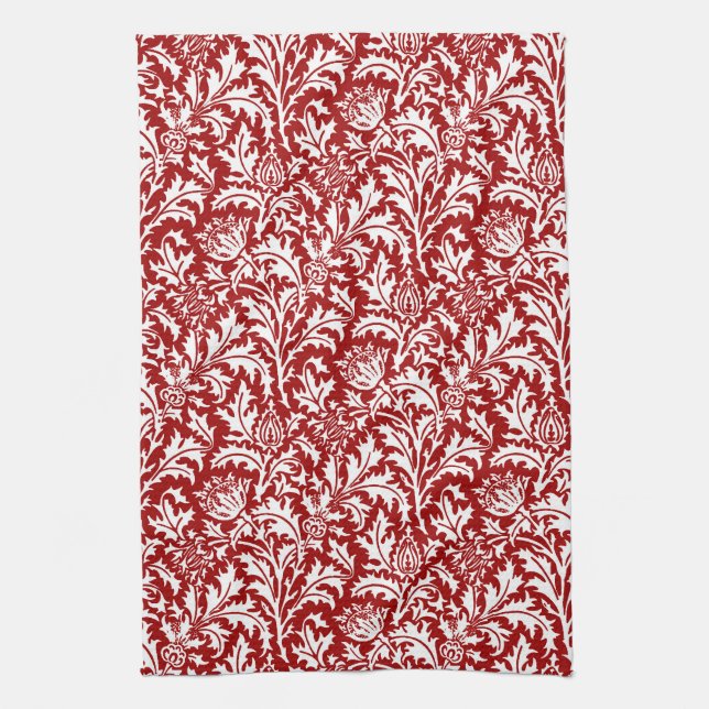 William Morris Thistle Damask, Dark Red & White Tea Towel (Vertical)