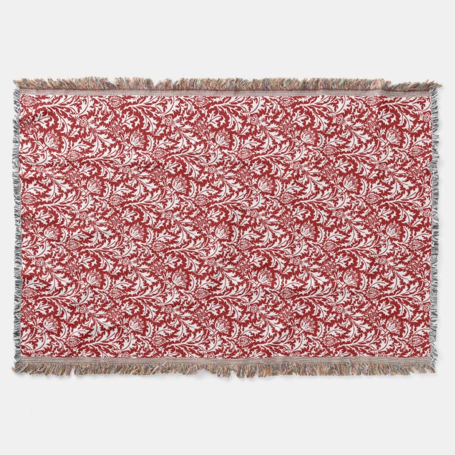 William Morris Thistle Damask, Dark Red & White Throw Blanket (Front)