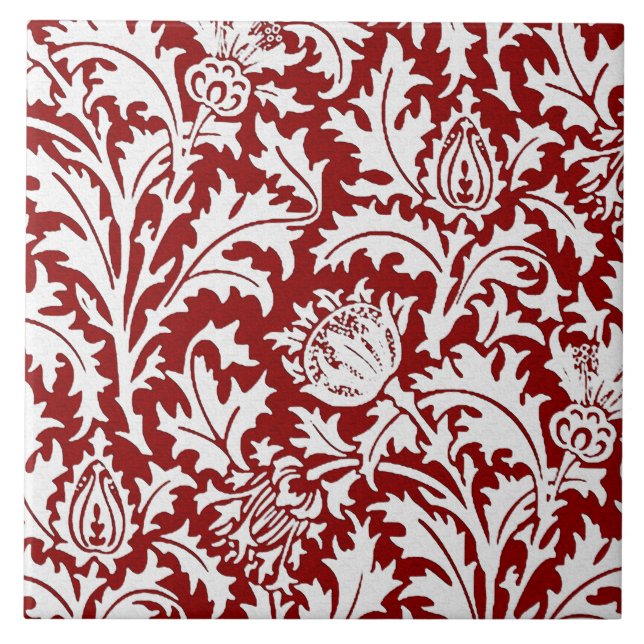 William Morris Thistle Damask, Dark Red & White Tile (Front)
