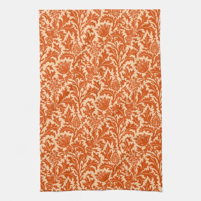 William Morris Thistle Damask, Mandarin Orange Tea Towel (Vertical)