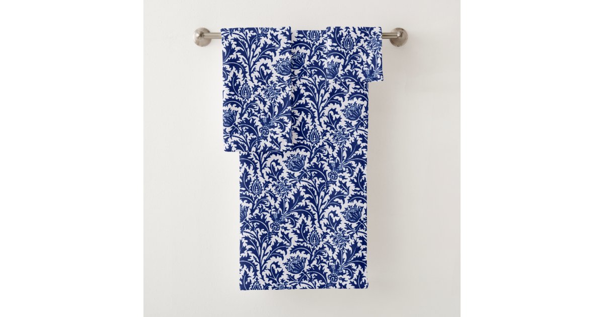 William Morris Thistle Damask, Navy Blue and White Bath Towel Set | Zazzle