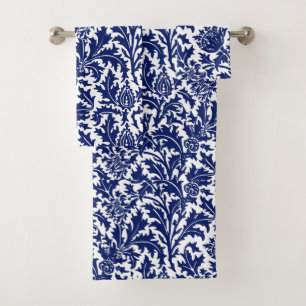 William Morris Thistle Damask Navy Blue on White Bath Towel Set