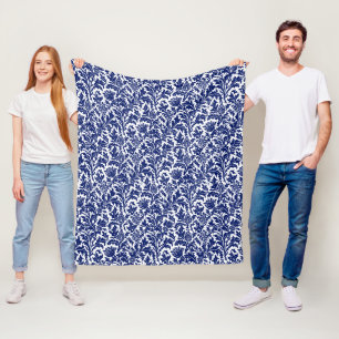 William Morris Thistle Damask Navy Blue on White Fleece Blanket