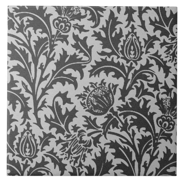 William Morris Thistle Damask, Silver Grey / Grey Ceramic Tile (Front)