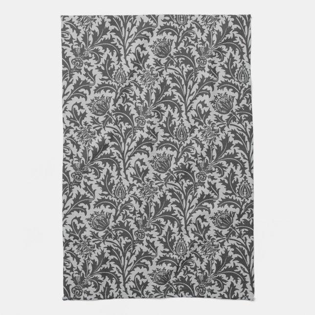 William Morris Thistle Damask, Silver Grey / Grey Tea Towel (Vertical)