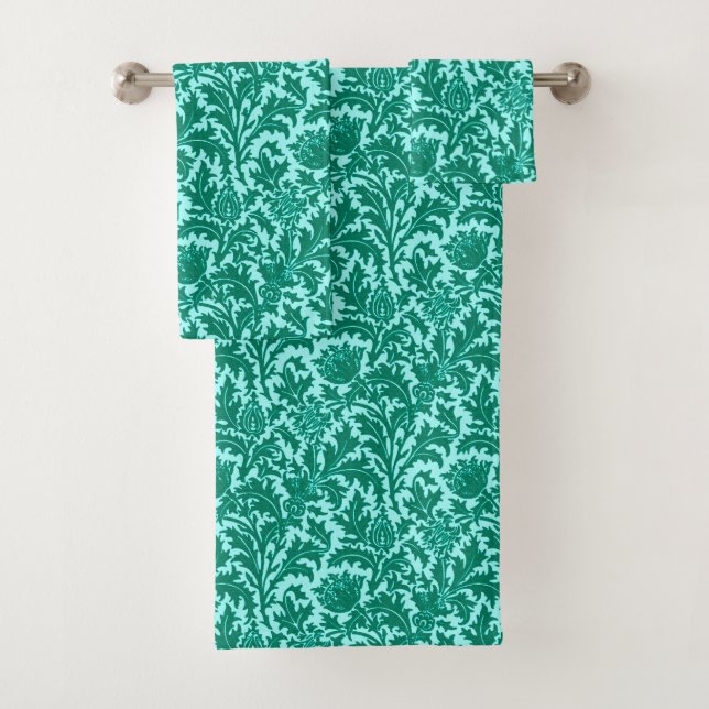 William Morris Thistle Damask, Turquoise and Aqua Bath Towel Set (Insitu)