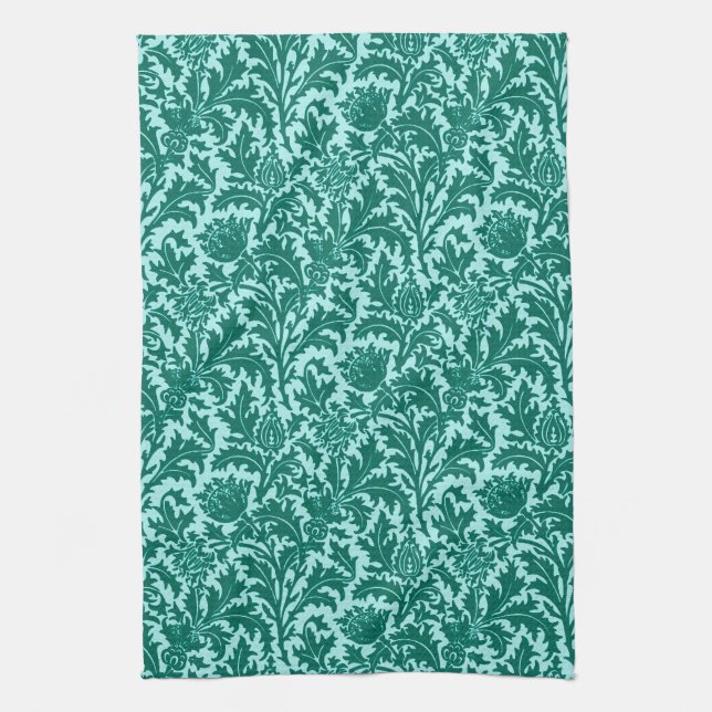 William Morris Thistle Damask, Turquoise and Aqua Tea Towel (Vertical)