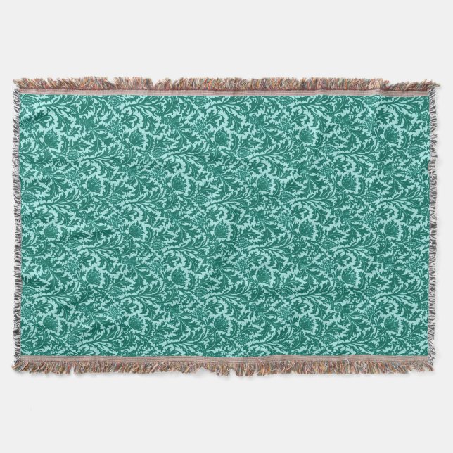 William Morris Thistle Damask, Turquoise and Aqua Throw Blanket (Front)