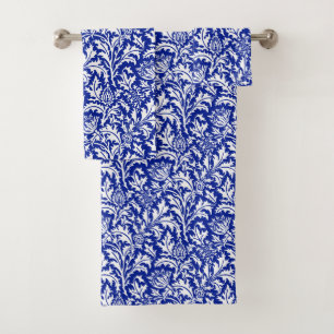 William Morris Thistle Damask White on Cobalt Blue Bath Towel Set
