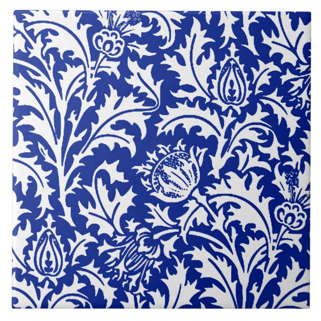William Morris Thistle Damask White on Cobalt Blue Ceramic Tile (Front)