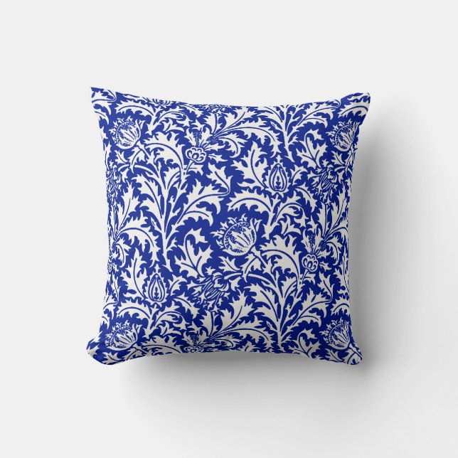 William Morris Thistle Damask White on Cobalt Blue Cushion (Front)