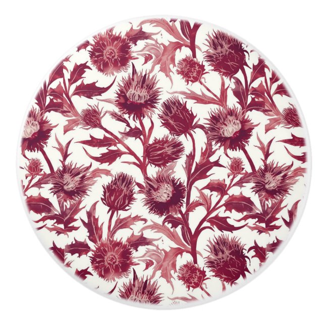 William Morris Thistle flower deep burgundy  Ceramic Knob (Front)