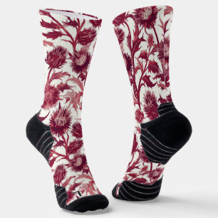 William Morris Thistle flower deep burgundy Socks