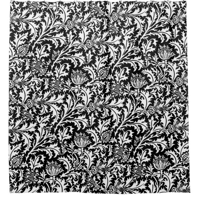 William Morris Thistle Pattern Black and White Shower Curtain (Front)