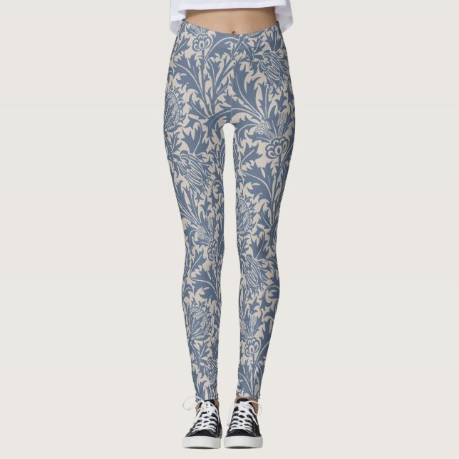 William Morris Thistle Sage Blue Pattern Leggings (Front)