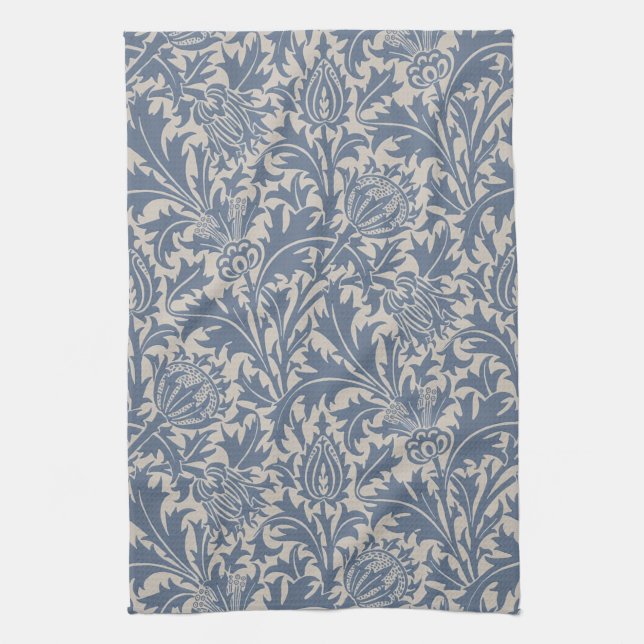 William Morris Thistle Sage Blue Pattern Tea Towel (Vertical)