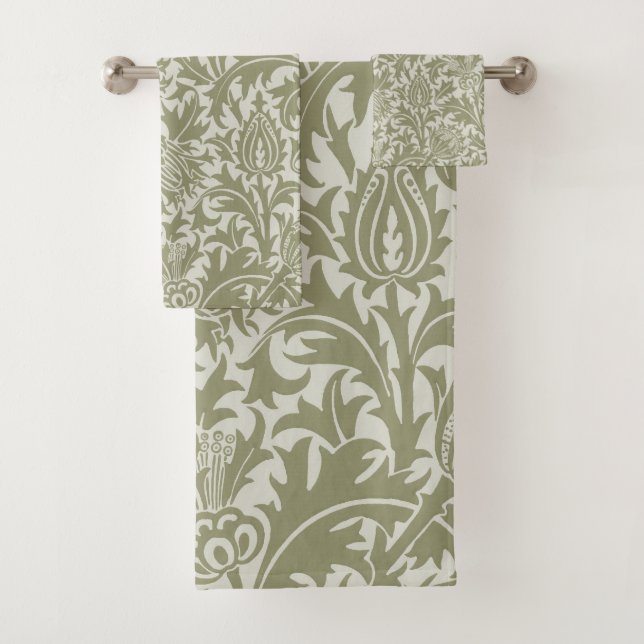 William Morris Thistle Sage Green Pattern Bath Towel Set (Insitu)