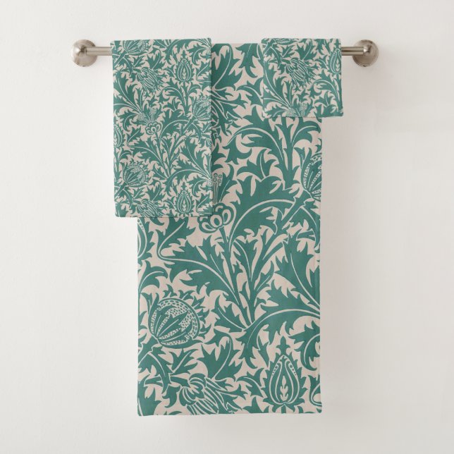William Morris Thistle Sage Green Pattern Bath Towel Set (Insitu)