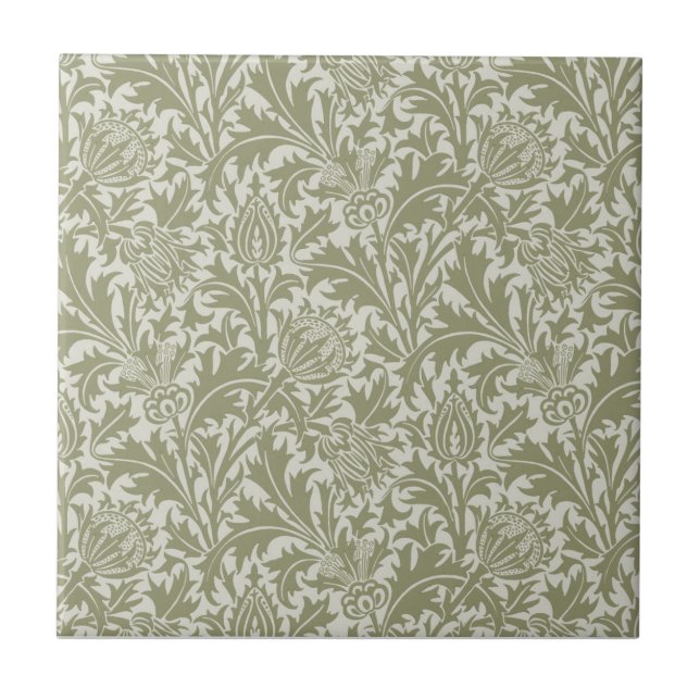 William Morris Thistle Sage Green Pattern Ceramic Tile (Front)