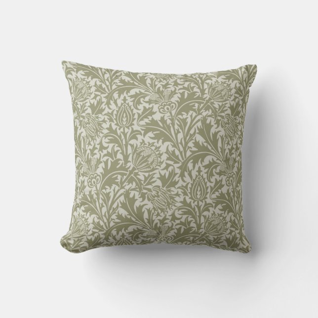 William Morris Thistle Sage Green Pattern Cushion (Front)