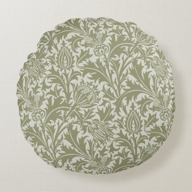 William Morris Thistle Sage Green Pattern Round Cushion (Front)