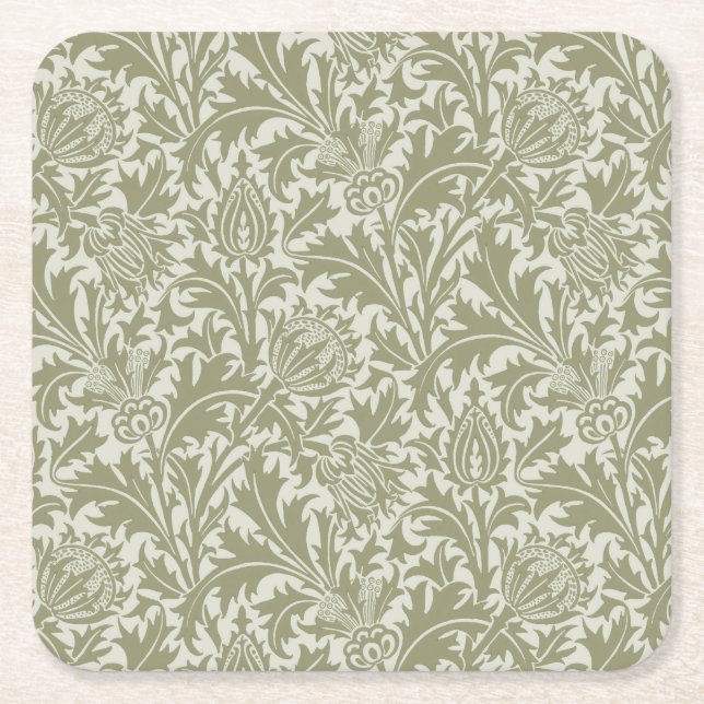 William Morris Thistle Sage Green Pattern Square Paper Coaster (Front)