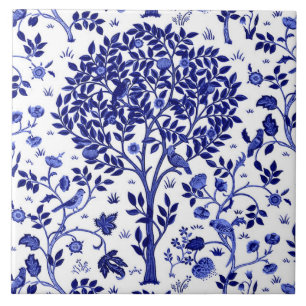 William Morris Tree of Life, Cobalt Blue and White Ceramic Tile