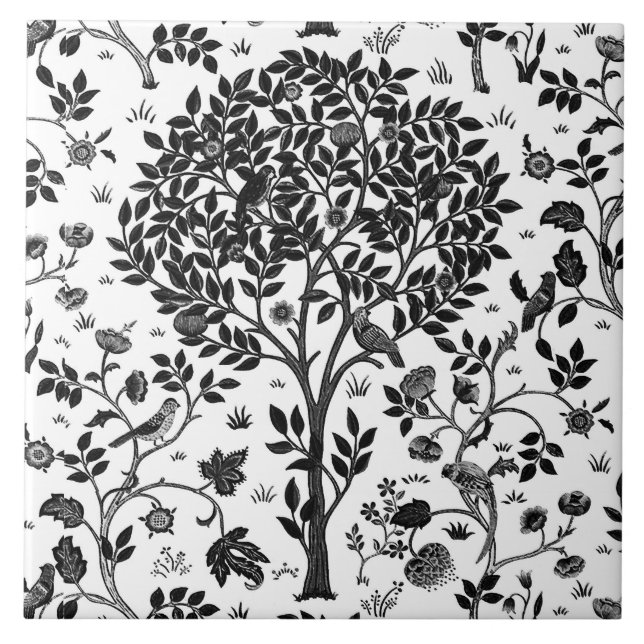 William Morris Tree of Life Pattern, Black & White Ceramic Tile (Front)