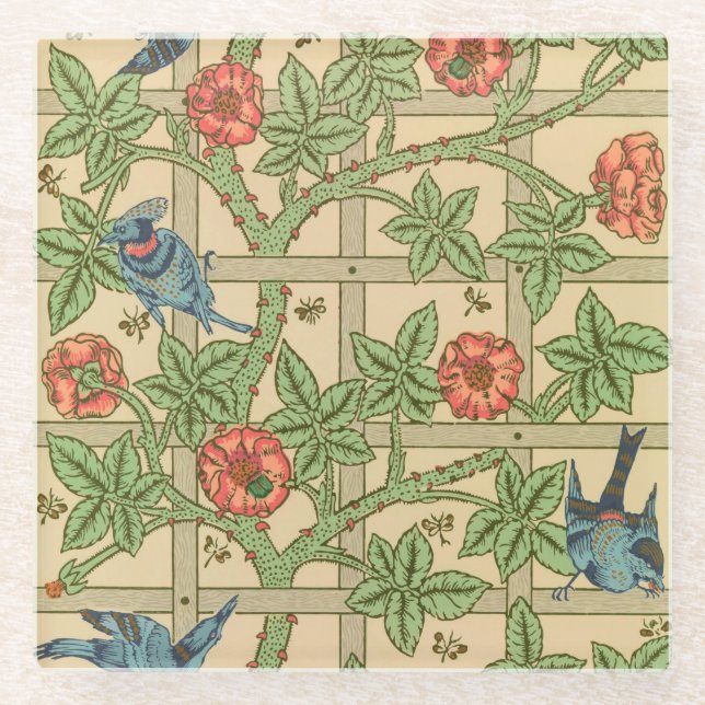 William Morris Trellis Classic Wallpaper Design  Glass Coaster (Front)