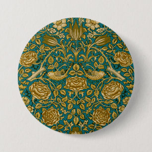 William Morris Tudor Rose Pattern Blue Golden 7.5 Cm Round Badge
