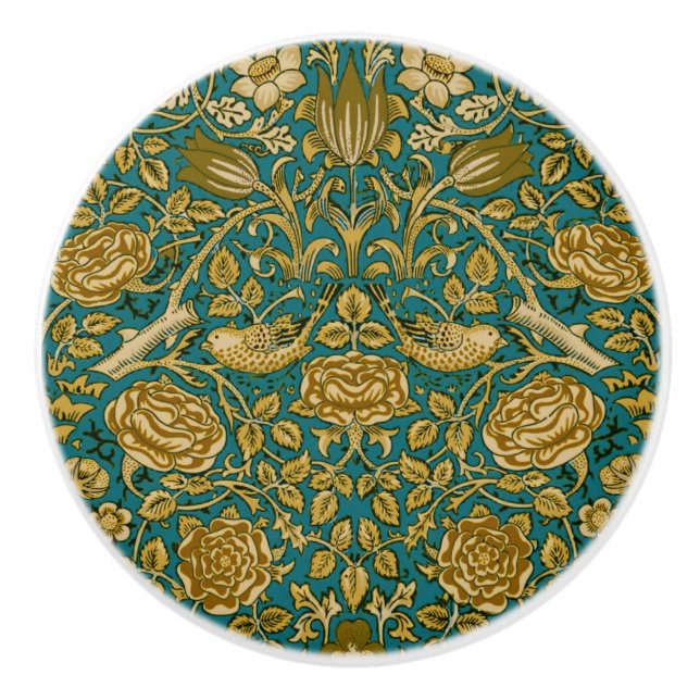 William Morris Tudor Rose Pattern Blue Golden Ceramic Knob (Front)