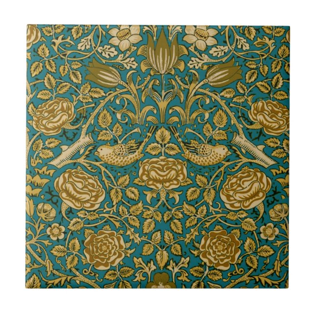 William Morris Tudor Rose Pattern Blue Golden Ceramic Tile (Front)