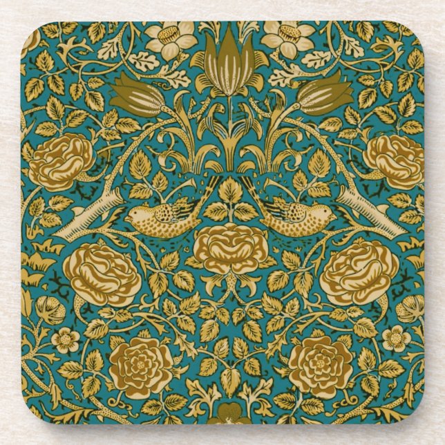 William Morris Tudor Rose Pattern Blue Golden Coaster (Front)