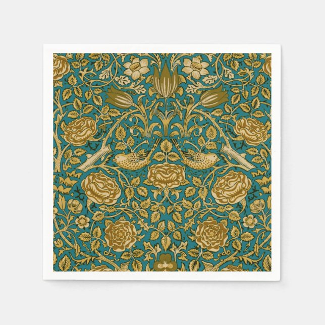 William Morris Tudor Rose Pattern Blue Golden Napkin (Front)
