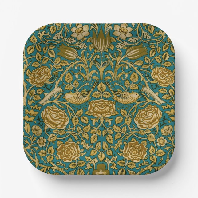 William Morris Tudor Rose Pattern Blue Golden Paper Plate (Front)